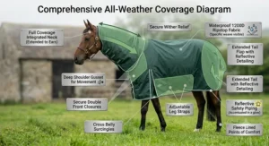 Icon graphic showing a horse wearing a full rug with a neck piece for protection against wind, rain, and snow.