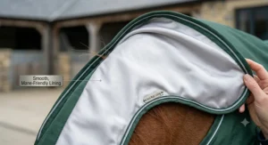 Detailed illustration highlighting the smooth, mane-friendly anti-rub lining of a green horse neck piece.