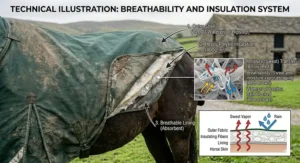 Graphic showing water vapour escaping through the breathable lining of a heavyweight turnout rug while rainwater blocks on the outside.