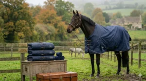 A bay horse wearing a lightweight turnout rug stands in a misty British field, pictured alongside a rustic wooden chest and a leather trunk holding folded multi-use rugs and bandages.