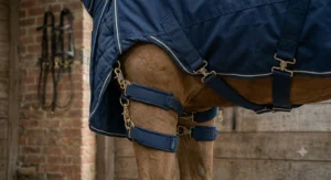 Close-up of the secure underbelly cross surcingles, leg straps, and durable brass buckles on a navy horse turnout rug inside a stable.