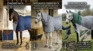 A three-part comparison showing a bay horse in a standard neck stable rug, a grey horse in an integrated quilted combo neck rug, and a grey horse wearing a versatile turnout rug with a detachable neck cover.