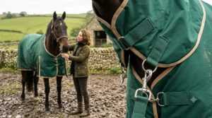Macro close-up view of sturdy touch-tape tabs and metal trigger clips securing a matching neck cover to a deep green horse turnout rug.