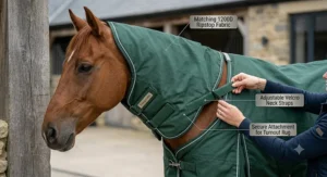 Diagram showing how adjustable neck straps ensure a secure fit for a horse turnout rug with an integrated neck piece.