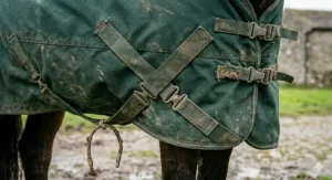 Detail illustration of the double clip chest fastenings and crossed belly surcingles on a heavyweight turnout rug for a horse.