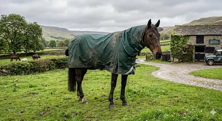 A dark bay horse trotting in a grassy paddock wearing a thick black and red heavyweight turnout rug with an attached full combo neck cover.