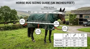 A UK measuring guide diagram showing how to measure a horse from the centre of the chest to the rear for a perfect heavyweight turnout rug fi