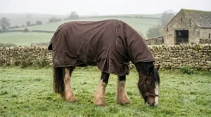 An Irish Cob horse grazing in a frosty field wearing a thick chocolate brown heavyweight winter turnout rug with deep shoulder gussets and an attached neck cover.