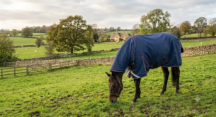 Bay horse grazing in a British paddock wearing a muddy green high neck turnout rug in soft, natural daylight.