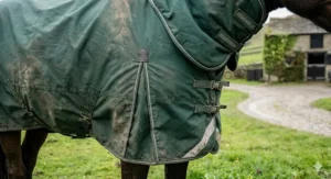 Technical diagram highlighting the high, deep shoulder gusset on a heavyweight turnout rug to allow freedom of movement for a horse.