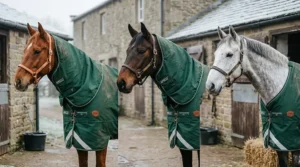 Comparison of horse rug neck styles including standard neck, high neck wither relief, and full neck combo rugs for winter.