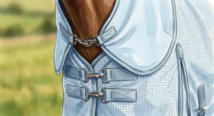 Illustration of a horse summer turnout rug with a detachable neck cover piece, demonstrating how it attaches at the rug collar.
