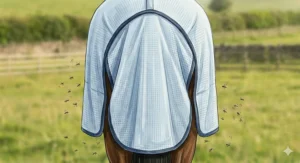 Rear view of a horse wearing a white summer turnout rug, showcasing a large, wrapped tail flap for maximum fly protection.