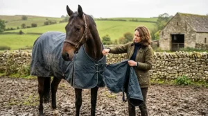 A woman in a waxed cotton jacket detaching a matching navy blue neck cover from a bay horse's heavy-duty turnout rug in a muddy British paddock.