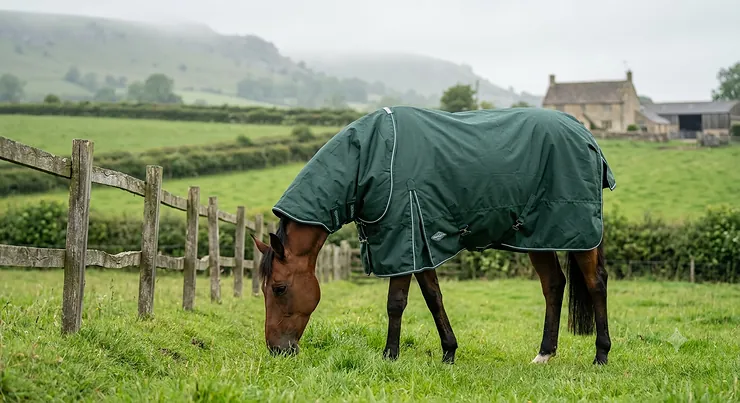 A chestnut horse grazing in a foggy British paddock, wearing a complete waterproof green turnout rug with a matching full neck piece.