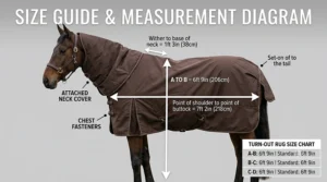 A clear size guide and measurement diagram overlaying a chocolate brown turnout rug with a detachable neck cover, indicating spine and chest-to-buttock lengths.