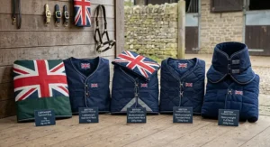 A selection of neatly folded equestrian rugs displayed in a tack room, showing the progression from lightweight rugs to heavyweight insulated turnout rugs with a full neck cover.