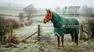 Winter horse rug guide illustration showing correct fit across the neck, chest, shoulders, and tail line.