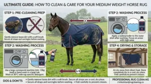 Step-by-step cleaning graphics for washing and reproofing a medium weight turnout rug for a horse without damaging the waterproof membrane.