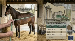A UK horse rug sizing guide diagram demonstrating how to place a tape measure from the chest centre to the furthest buttock point to calculate the correct rug size in feet and inches.