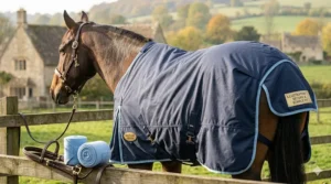 Side profile of a bay horse standing by a wooden paddock fence, wearing a well-fitting navy turnout rug with light blue trim, featuring a secure tail strap, underbelly cross surcingles, and a gold plaque reading Secure and Stable Fit.