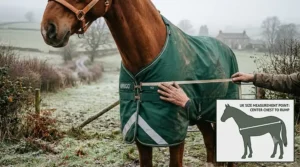 Step-by-step guide on how to measure a horse for a winter rug, showing the measuring tape from chest to rump.