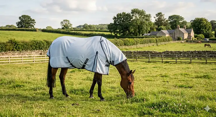 A thoroughbred horse wearing a lightweight summer turnout rug in a green British pasture, showing a full-body side profile view.