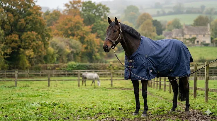 A bay horse wearing a dark navy lightweight turnout rug stands in a lush green British paddock, with a grey horse grazing in the background and a traditional Cotswold stone building nestled among autumn trees. lightweight turnout rug for horses