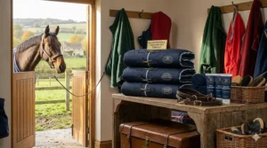 A bay horse looks out from a stable door into a misty valley, whilst inside the stable, neatly folded lightweight turnout rugs, bottles of rug cleaner and proofer, and a basket of grooming kit sit on a wooden workbench.