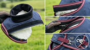 Graphic demonstrating how a detachable neck hood loops and secures onto a medium weight turnout rug for a horse.