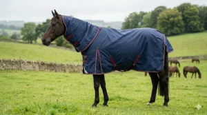 Side profile view of a grey horse wearing a 200g medium weight turnout rug to show shoulder gussets and tail flap coverage.