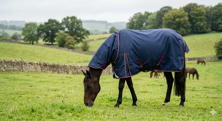A bay horse grazing in a green British paddock wearing a classic navy medium weight turnout rug with an integrated neck cover.