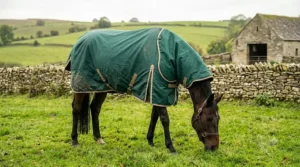 A dark brown horse grazing in a paddock wearing a mediumweight forest green waterproof turnout rug with the matching neck piece attached.
