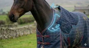 Technical illustration demonstrating how a matching checked neck cover cleanly fastens onto the neckline of a spring autumn horse rug using integrated clips and loops.