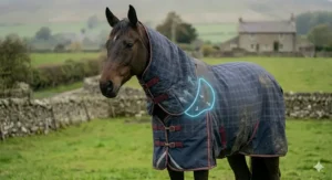 A technical overlay graphic on a horse wearing a full neck turnout rug, highlighting how the inner lining allows air to circulate around the neck and mane to prevent overheating.