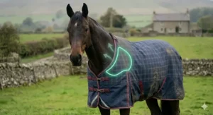 Side view of a bay horse in a Yorkshire field wearing a navy turnout rug, with a green illuminated graphic showing the cut around the chest and withers designed for optimum pressure relief.