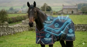 An infographic overlay on a horse in a turnout rug, detailing the cross-section layers of a spring autumn horse rug including the waterproof shell, transitional comfort filling, and breathable membrane suitable for 15°C to 20°C temperatures.