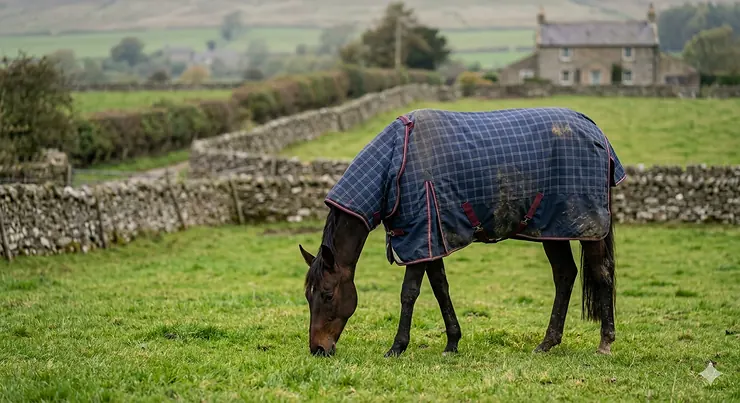 A dark bay horse grazing peacefully in a lush green paddock in the British countryside, wearing a deep navy and burgundy checked spring autumn horse rug. A traditional dry stone wall and a stone cottage sit softly in the background under overcast, natural UK light.