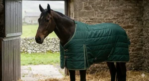 A bay horse standing inside a traditional brick and stone stable with straw bedding, wearing a quilted hunter green spring autumn stable rug with gold piping.