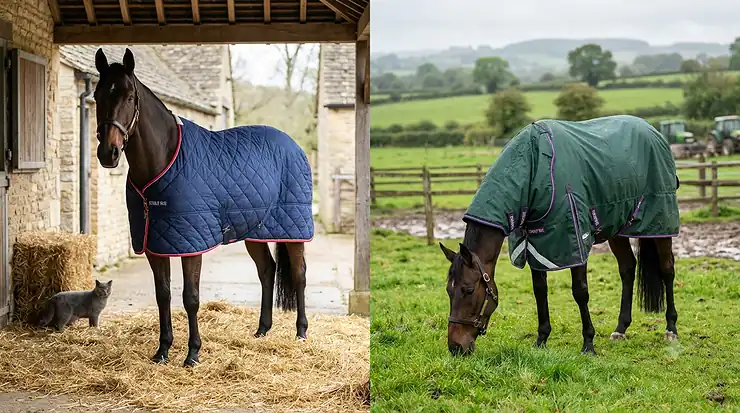 A side-by-side comparison of a bay horse wearing a quilted navy stable rug inside a stone barn and a bay horse wearing a waterproof green turnout rug grazing in a lush, muddy British paddock. stable rug vs turnout rug