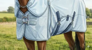 Diagram showing the adjustable double chest clips and crossed surcingles on a summer turnout rug for a horse.