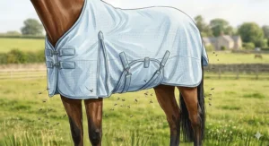 A protective sweet itch summer turnout rug on a horse, showing full belly flap coverage to protect against biting midges.