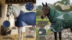 Diagram highlighting the anti-rub lining and flex-mesh stretch panels on a grey horse's stable rug compared to the generous, articulated shoulder gussets on a bay horse's turnout rug to allow natural freedom of movement.