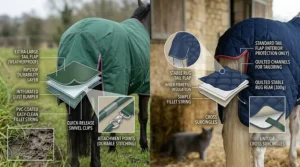 Rear-view illustration comparing an extra-large weatherproof tail flap with a PVC-coated fillet string on a turnout rug against a standard tail flap and simple fillet string on a navy quilted stable rug.
