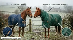 Diagram illustrating the differences between a waterproof winter turnout rug and a breathable indoor stable rug.
