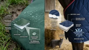 Technical breakdown showing a close-up of a green waterproof turnout rug with water droplets and a 10,000mm rating diagram alongside a navy quilted stable rug showing its breathable, thermal fibrefill layers.
