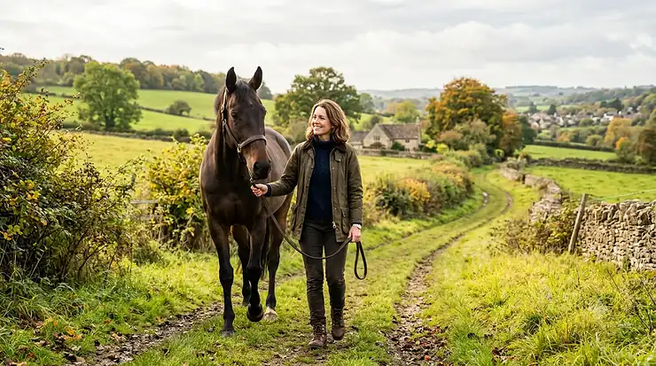 A brown bay horse being led along a grassy path by a woman wearing an olive waxed country jacket, with a backdrop of green rolling hills and a Cotswold stone cottage.