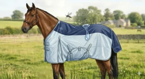 A hybrid summer turnout rug on a horse featuring a waterproof top strip along the spine and breathable mesh sides for summer rain showers.