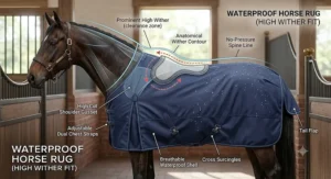 Anatomical illustration of a waterproof horse rug designed specifically for a high wither fit