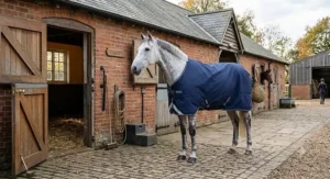 Grey horse wearing a clean waterproof horse rug standing in a classic brick stable yard